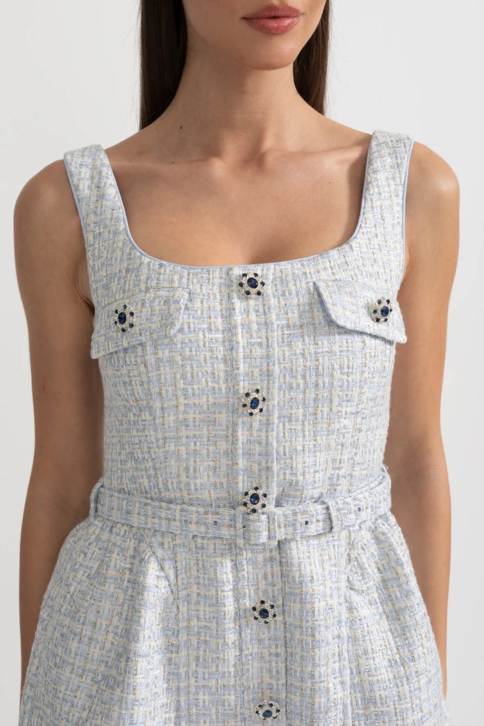 Textured Mini Dress With Fitted Bodice And Contrasting Buttons - Light Blue
