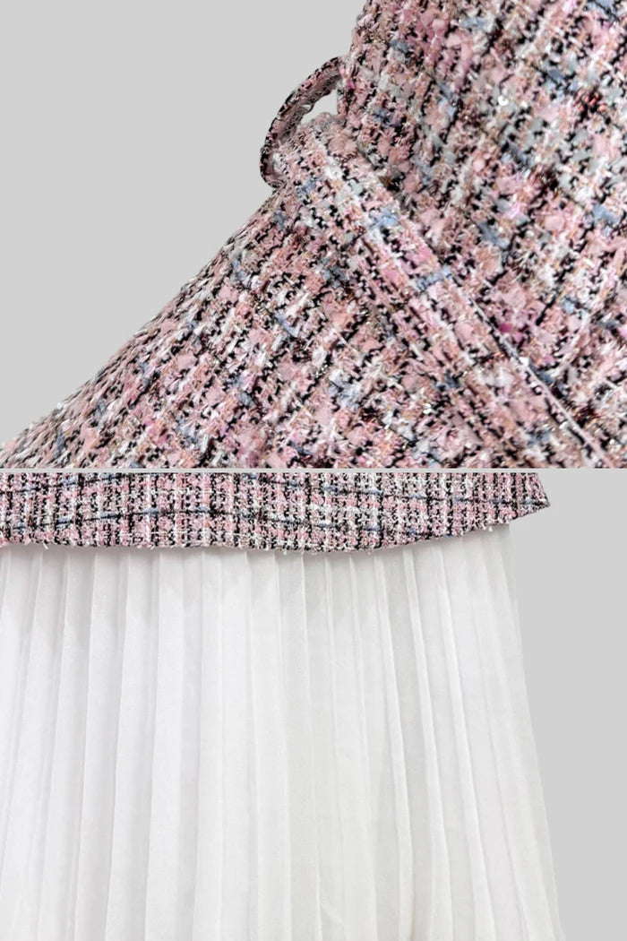 Tweed Vest Dress with Pleated Skirt Detail - Pink/White