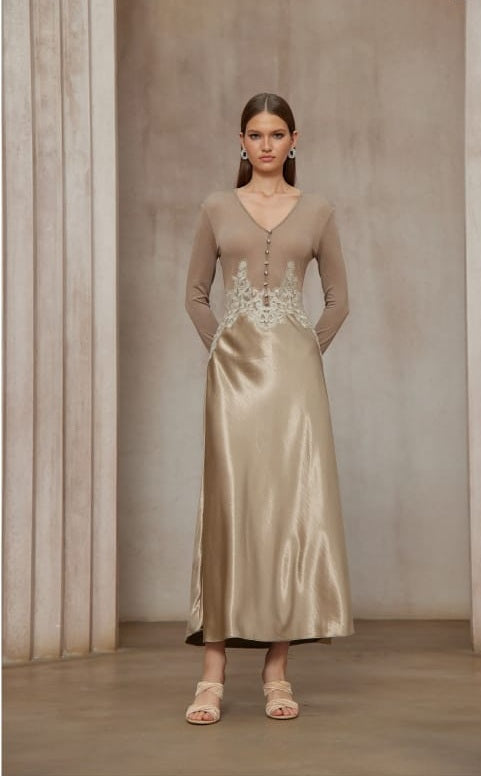 Szilvia Brown Knit Panel Satin Midi Dress