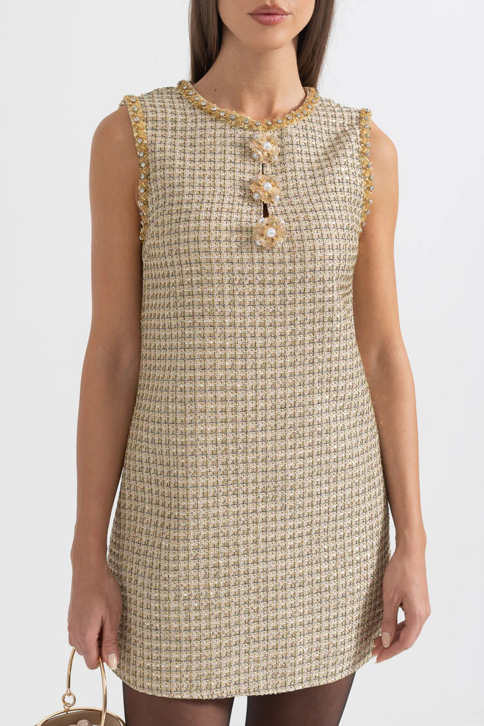 Patterned Mini Dress With Golden Accents - Gold