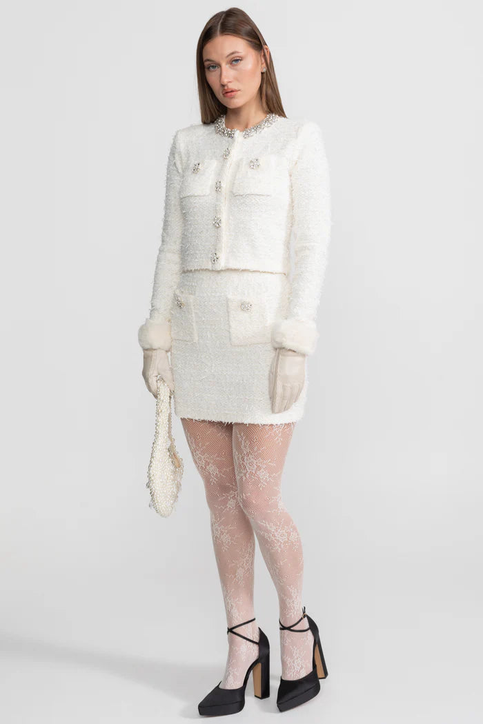 Tweed Blazer With Crystal Embellishments And Buttons - Ivoire