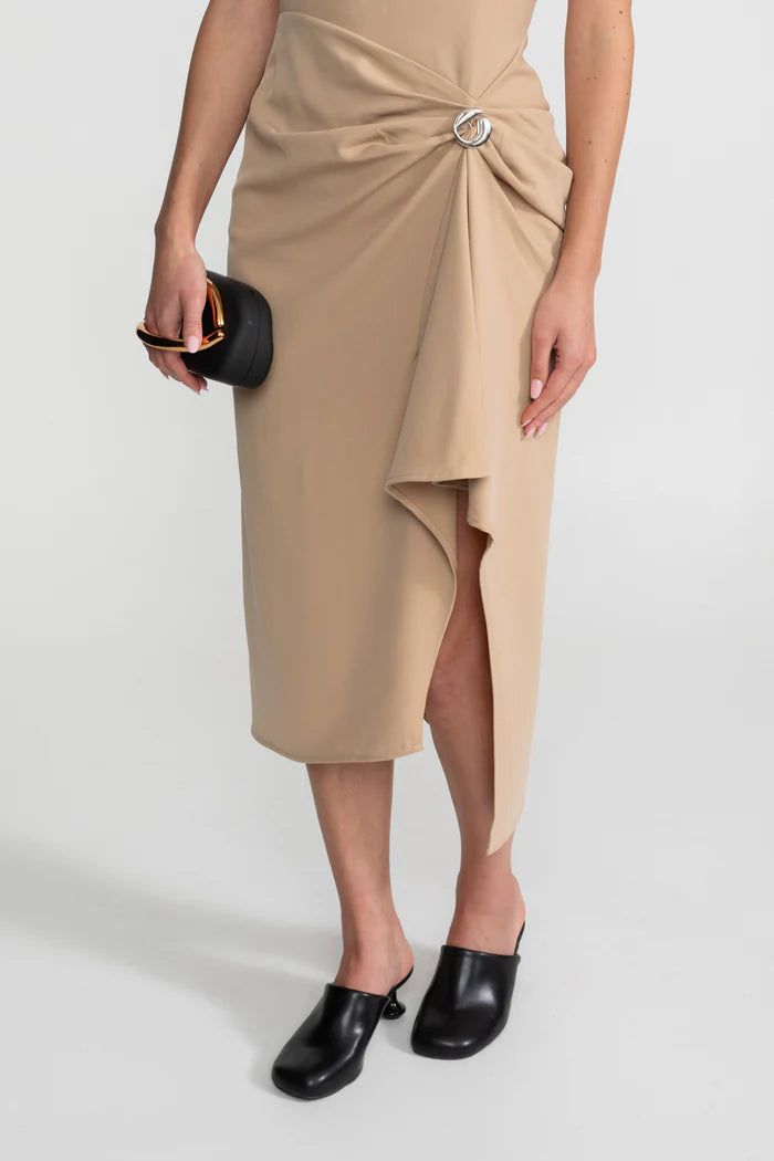 Draped Halter Midi Dress With Asymmetric Drape Detail – Nude