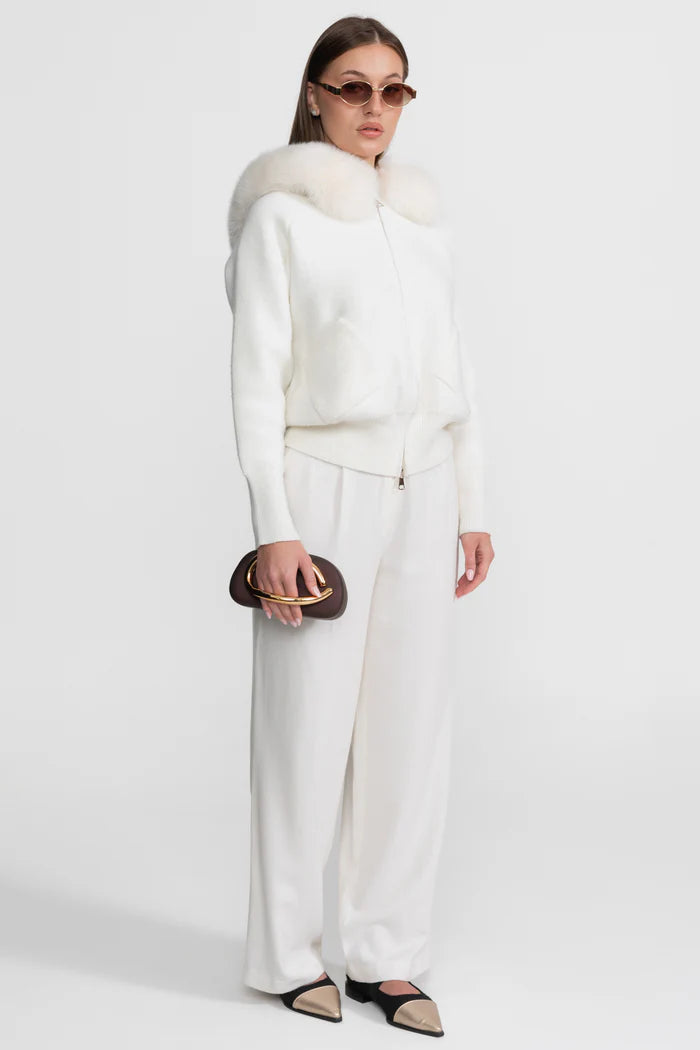 Zip-Up Wool Hoodie With Fox Fur Collar – White