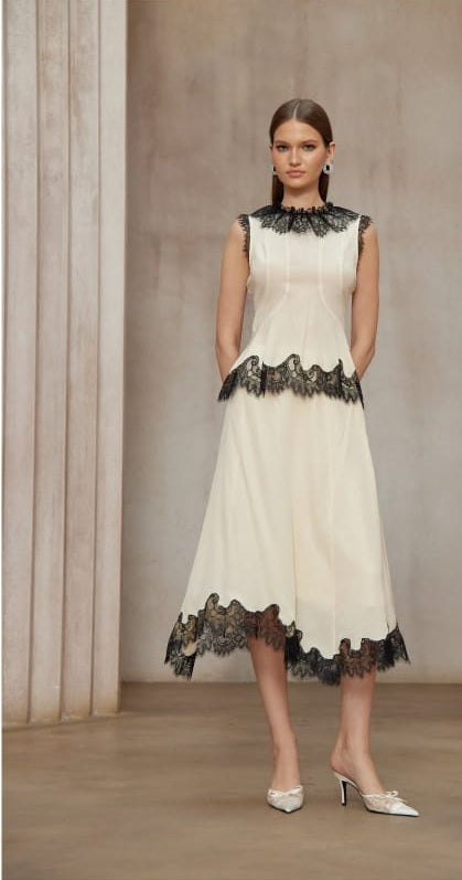 Zsófia Neutral Lace Panel Chiffon Top & Skirt Matching Set