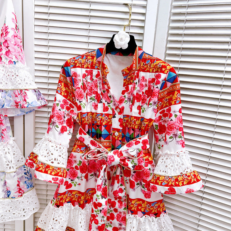 Vneck,bow, tie-in, waist-cinching cut-out dress