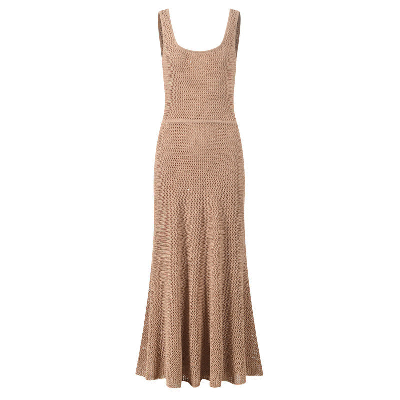 Hollow Out Round Neck Slim Fit Knitted Cardigan + Slip Dress Set