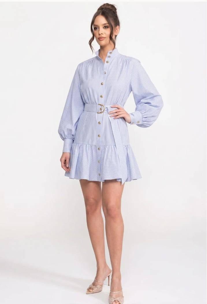 Striped Belted Mini Dress With High Neck And Balloon Sleeves - Blue