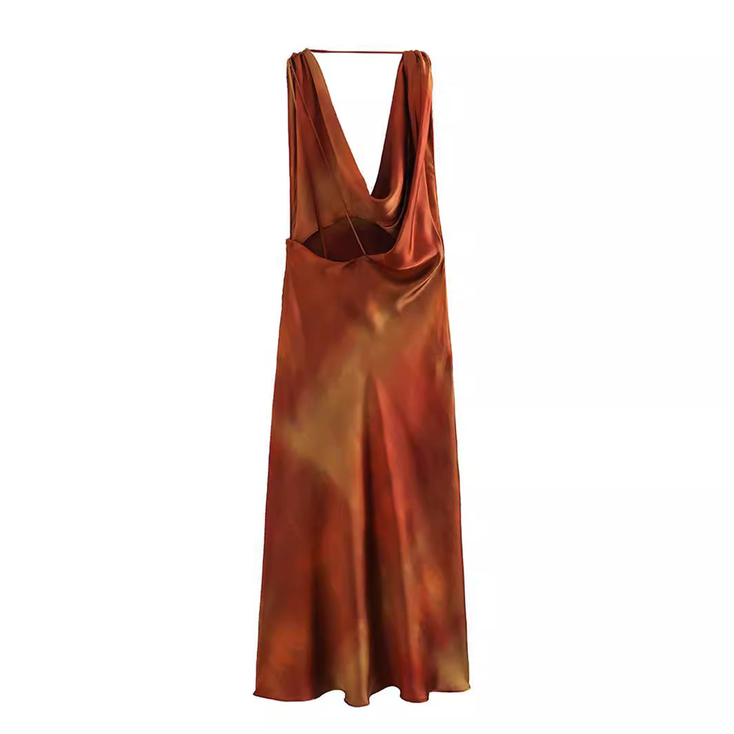 Draped collar silk satin texture printed dress