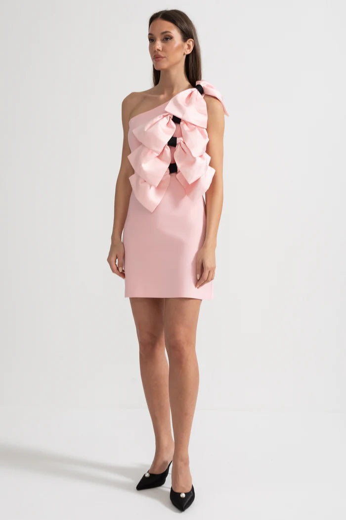 One-Shoulder Mini Dress with Oversized Bow Detailing - Pink