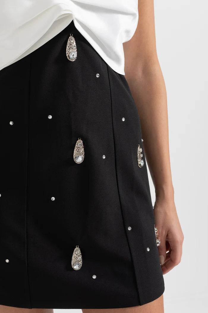 Embellished Mini Dress With White Neckline Bow - Black