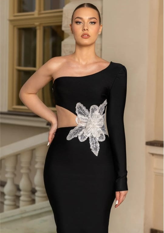 One Shoulder Midi Dress with Contrastant Flower detail - Black