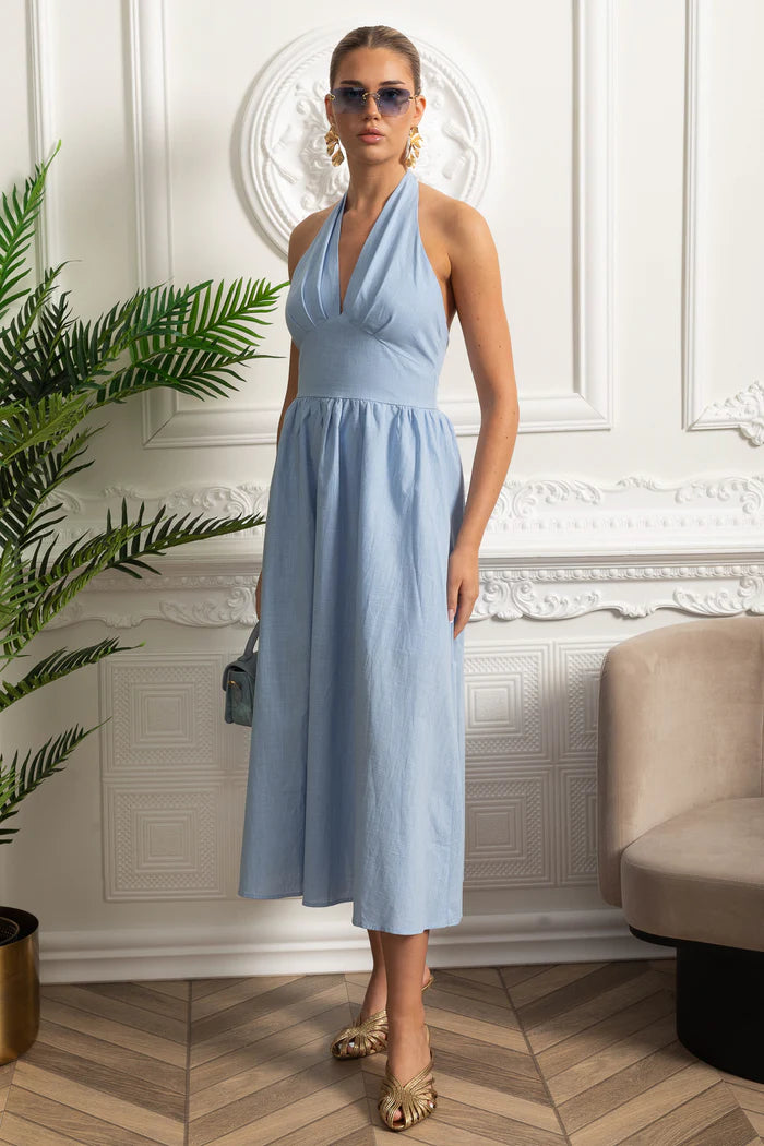 Halterneck Midi Dress With A-line Gathered Skirt - Blue