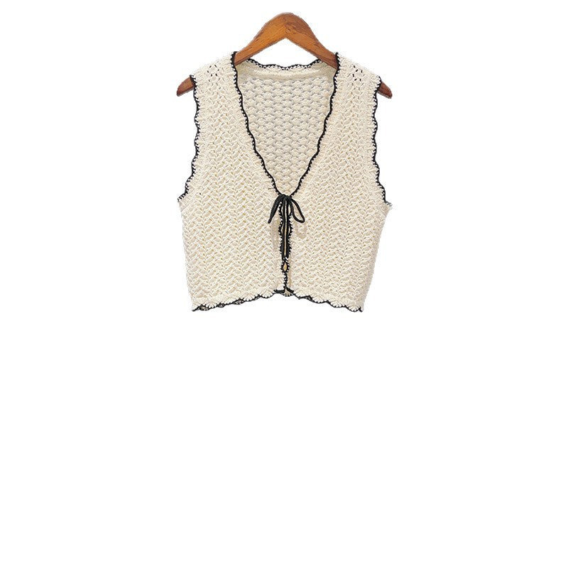 Crochet Mesh Vest Knitted Black Edge  pants set