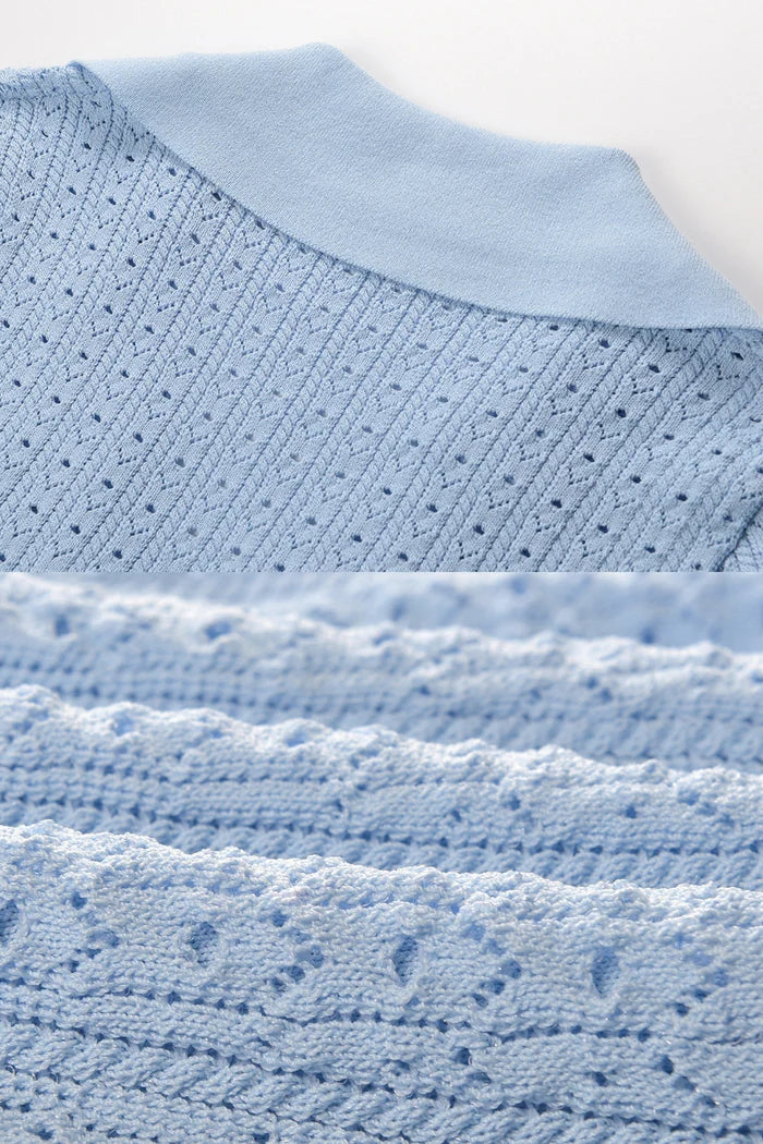 Knit Mini Dress with Peplum Waist and Gold Button Detail - Light Blue