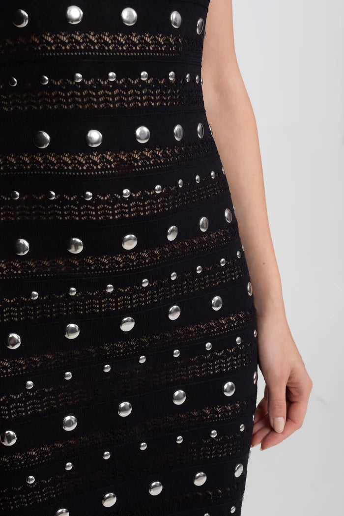 Embellished Knit Midi Dress With High Neck And Ruffle Hem - Black