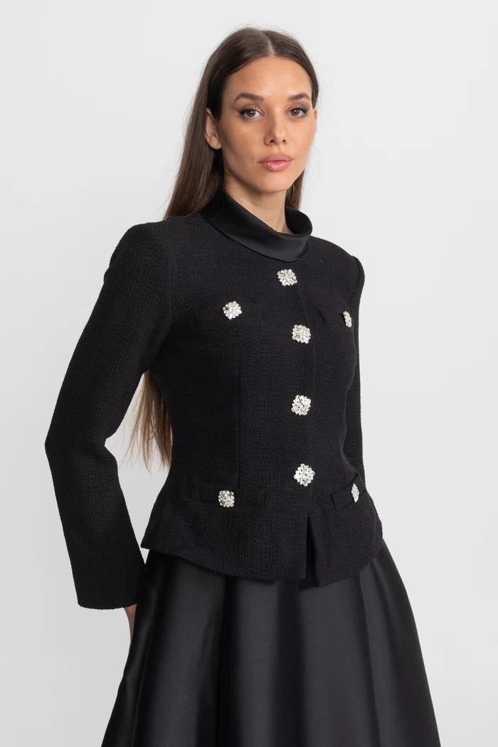 Structured Midi Dress with Embellished Jacket Overlay – Black
