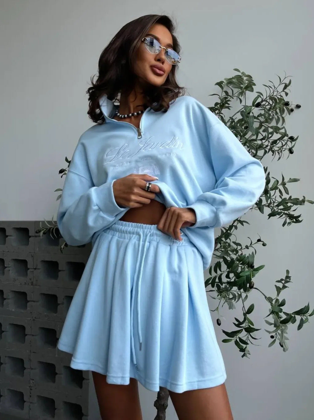 Loose half-zipper sweatshirt  two-piece set