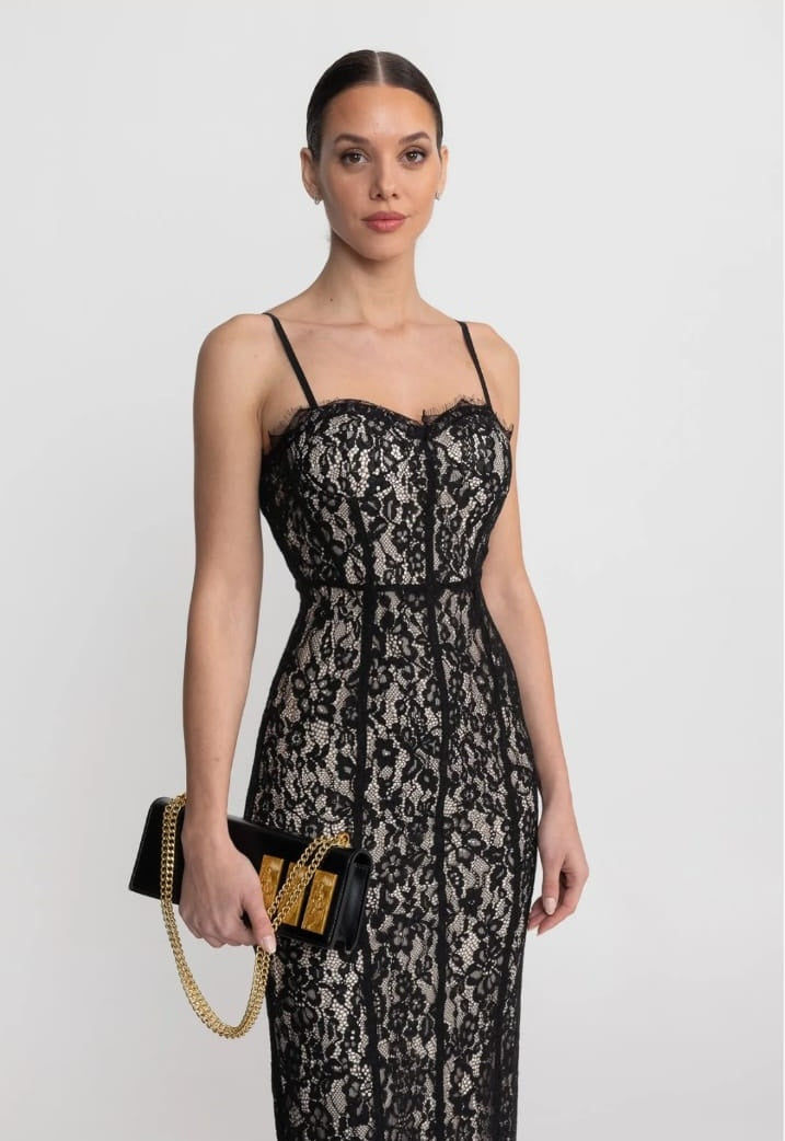Lace Midi Dress With Sheer Corset Bodice - Black