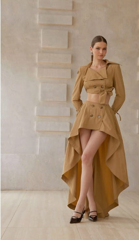 Maelle Khaki Cropped Trench Jacket & Skirt Matching Set