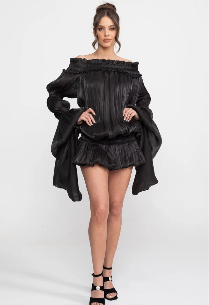 Off-Shoulder Ruffle Mini Dress With Draped Sleeves - Black