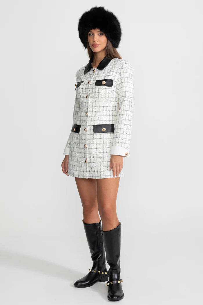 Long Sleeve Tweed Mini Dress With Contrasting Leather Details – White And Black