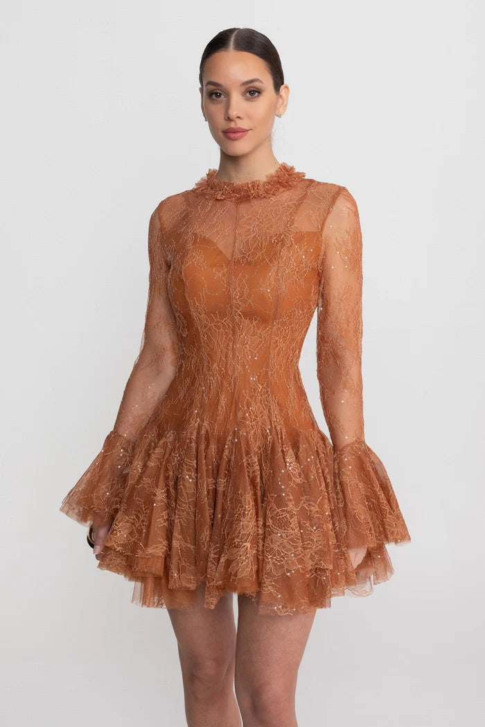 Sheer Lace Long Sleeve Mini Dress With Ruffled Hem - Rust