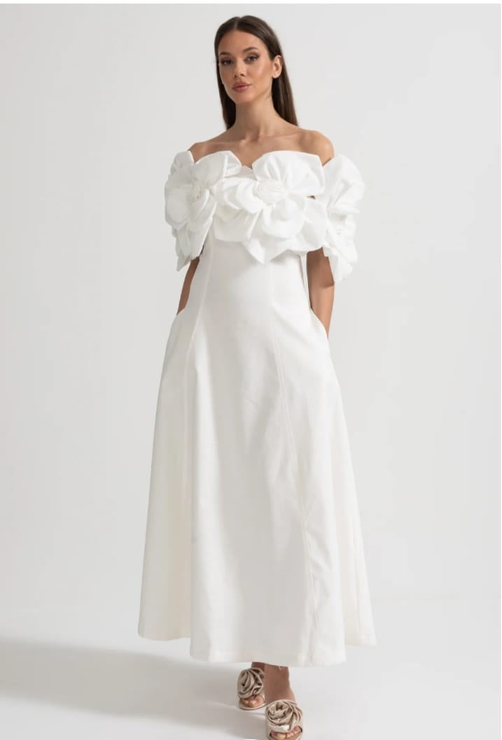 Off-Shoulder Midi Dress With Large Fabric Floral Accents - White