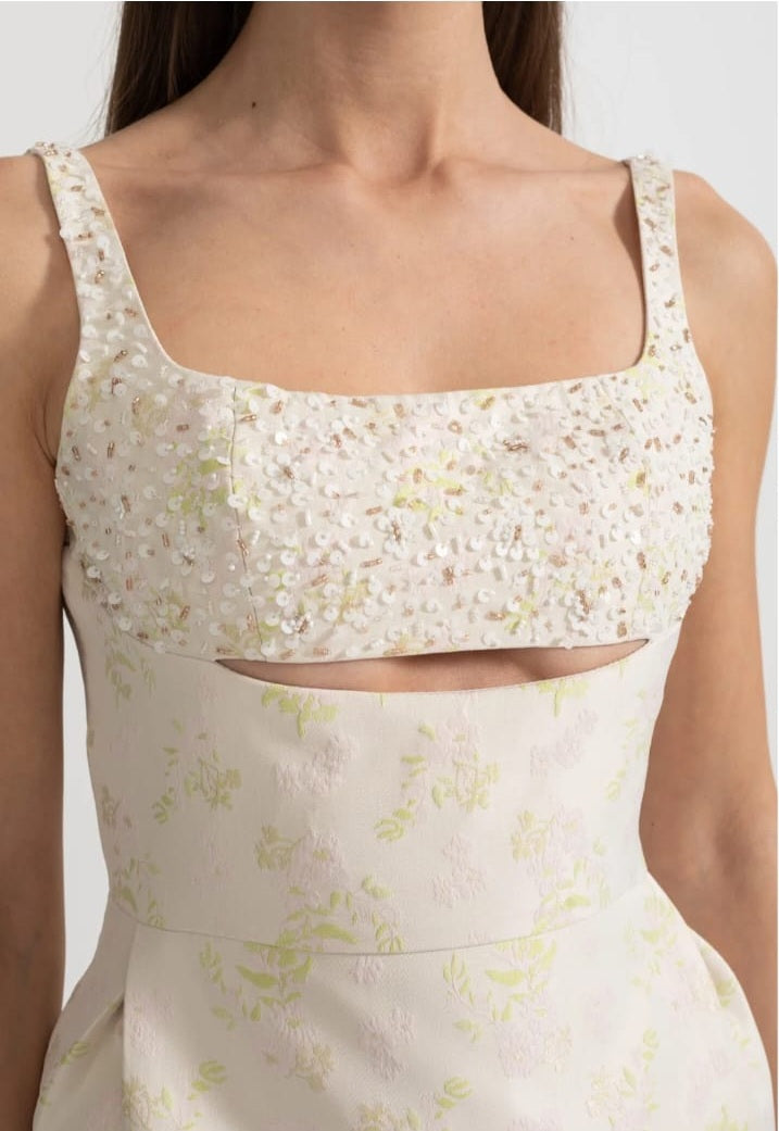 Sleeveless Midi Dress With Square Neckline, Subtle Floral Pattern And Front Cutout - Ivoire