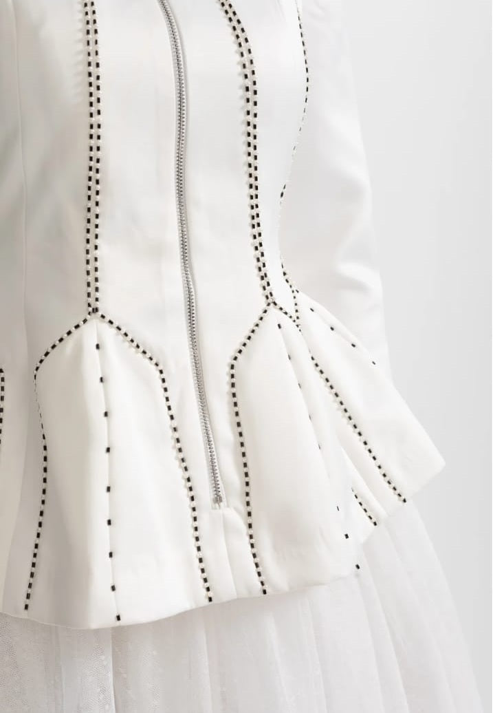 Peplum Jacket and Sheer Tulle Skirt Co-Ord Set with Structured Seams - White