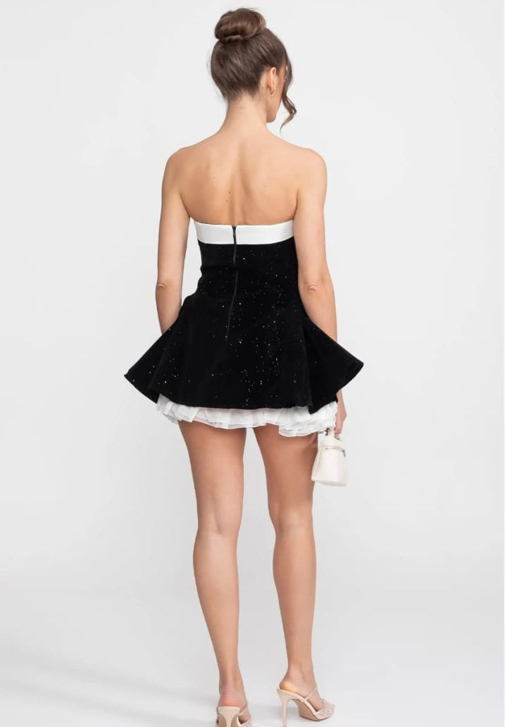 Strapless Velvet Mini Dress With Satin Bow And Ruffle Hem - Black