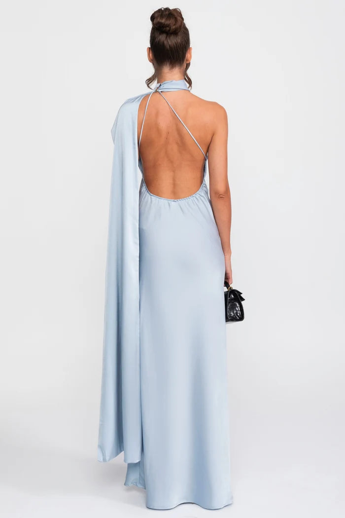 Twist Halter Satin Slip Dress With Asymmetric Neckline - Blue