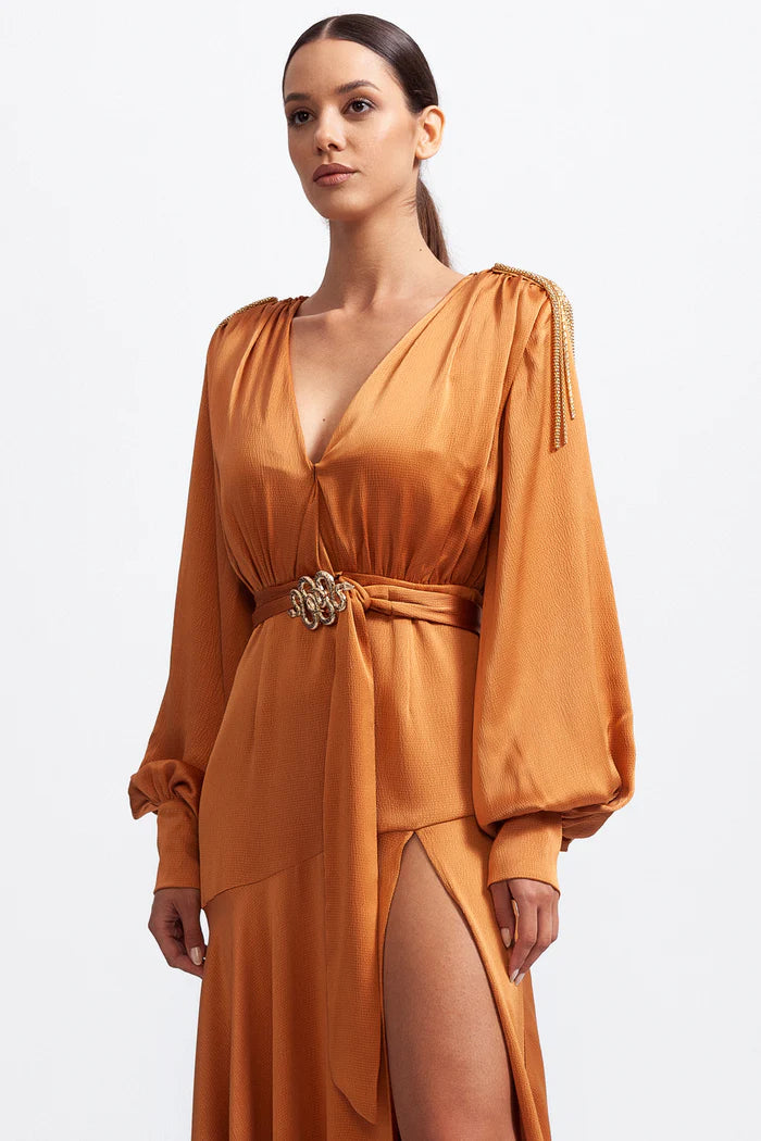 V-neck Maxi Dress with Golden Details - Caramel