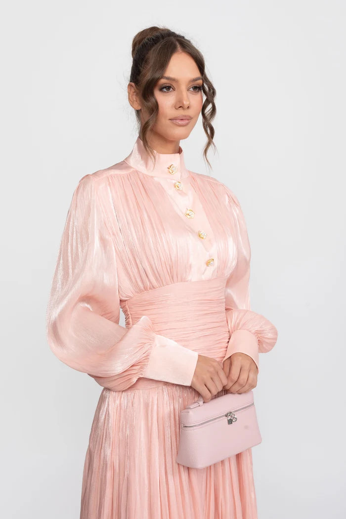 Balloon-Sleeve Tiered Maxi Dress With Jeweled Rose Buttons - Peach