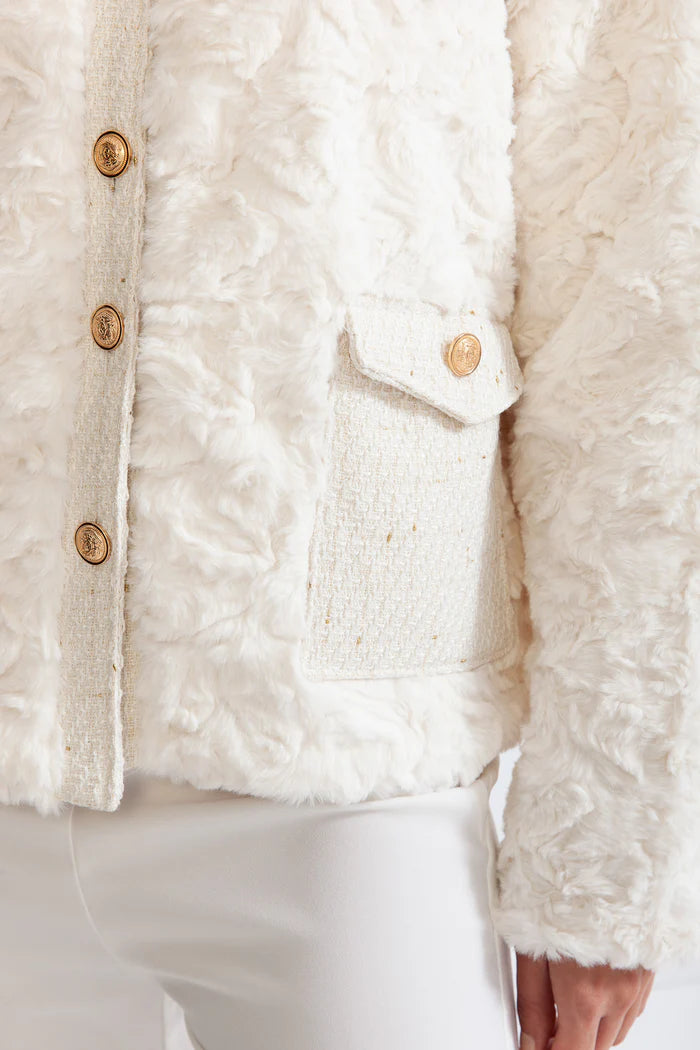 Fluffy Jacket with Gold Buttons - White