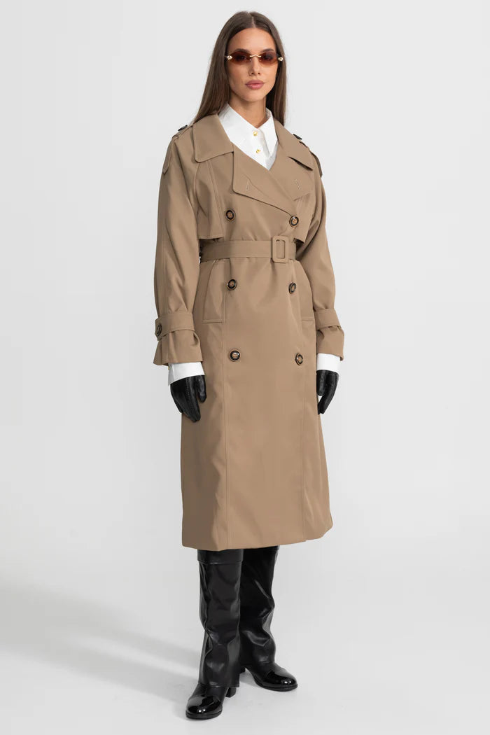 Double-Breasted Mid-Cut Trench Coat With Belted Waist – Khaki