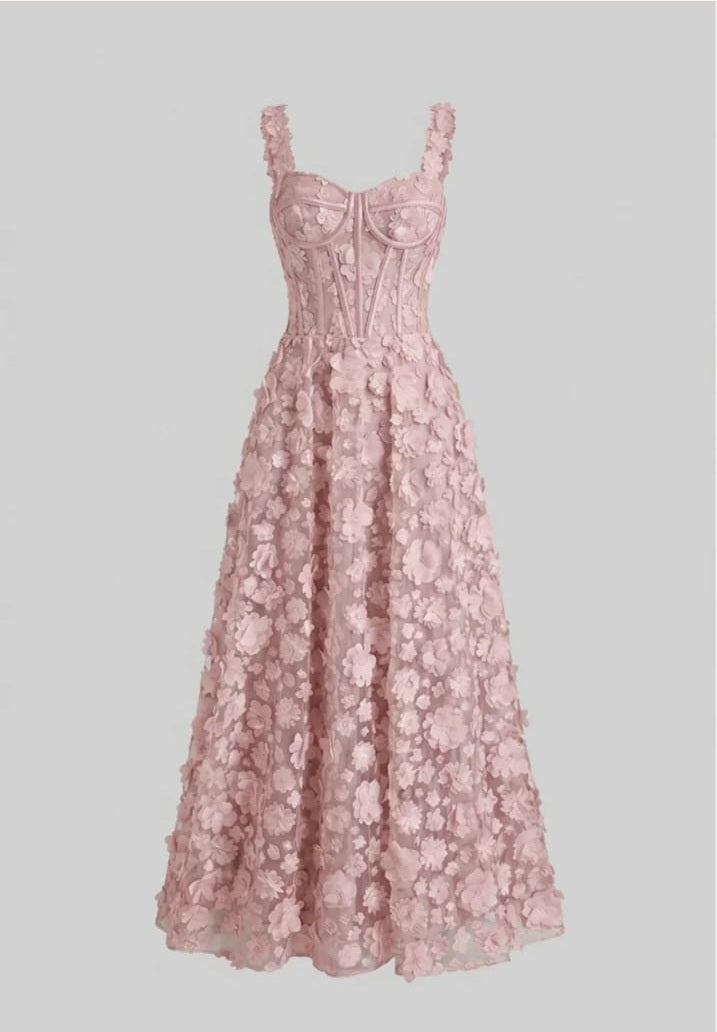 Long dress with floral appliqués with corseted bustier - Pink