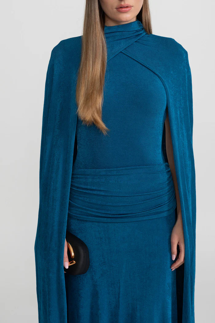 Elegant Cape Gown With High Neckline – Teal