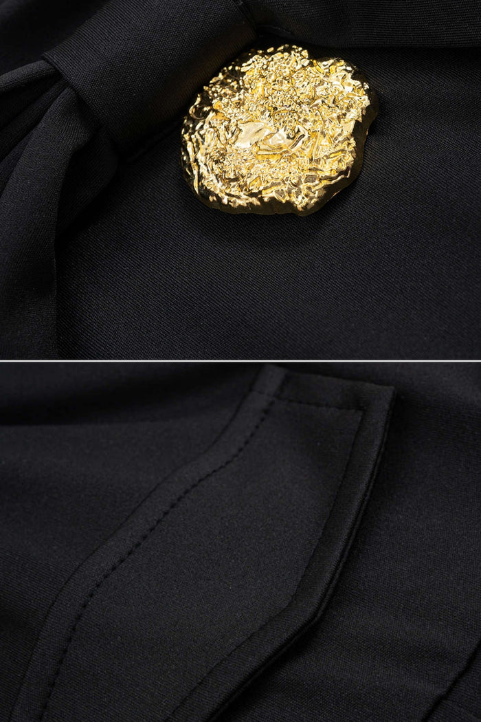 Bow-Neck Pleated Mini Dress with Gold Buttons – Black