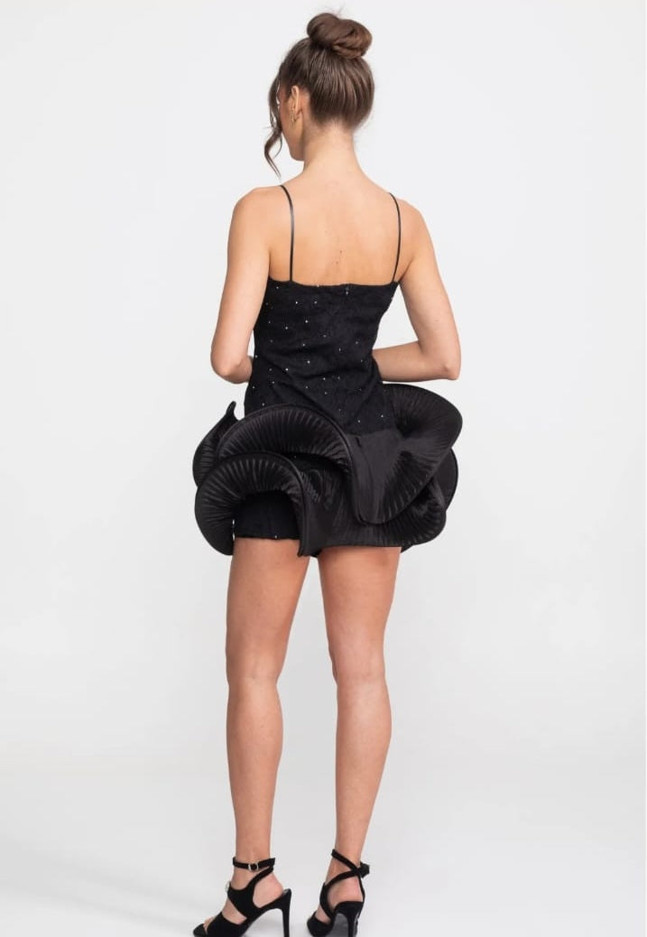 Babydoll Mini Dress With Sparkling Embellishments And Ruffled Peplum Skirt - Black
