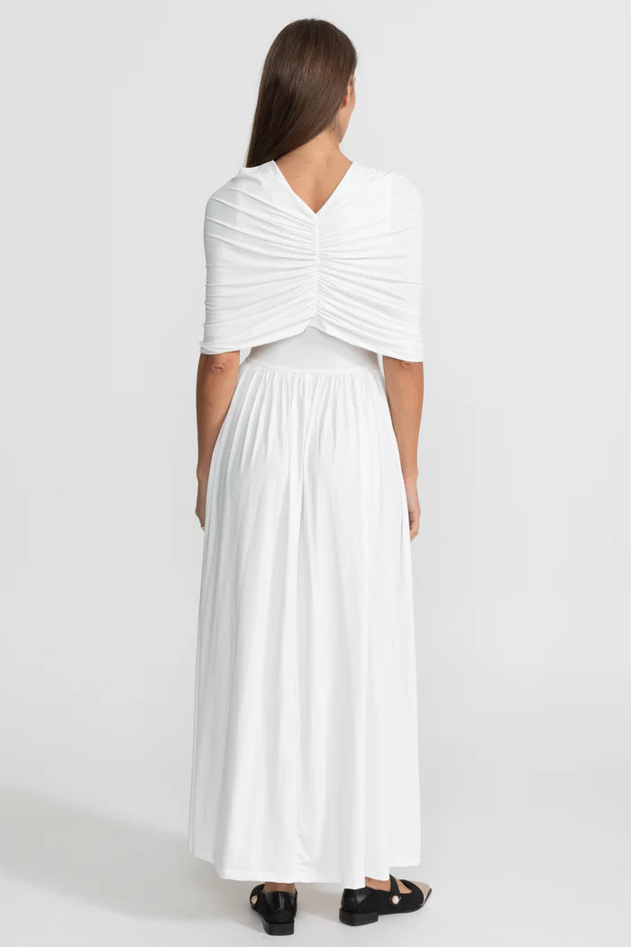 Gathered Jersey Maxi Dress with Cape Effect - White