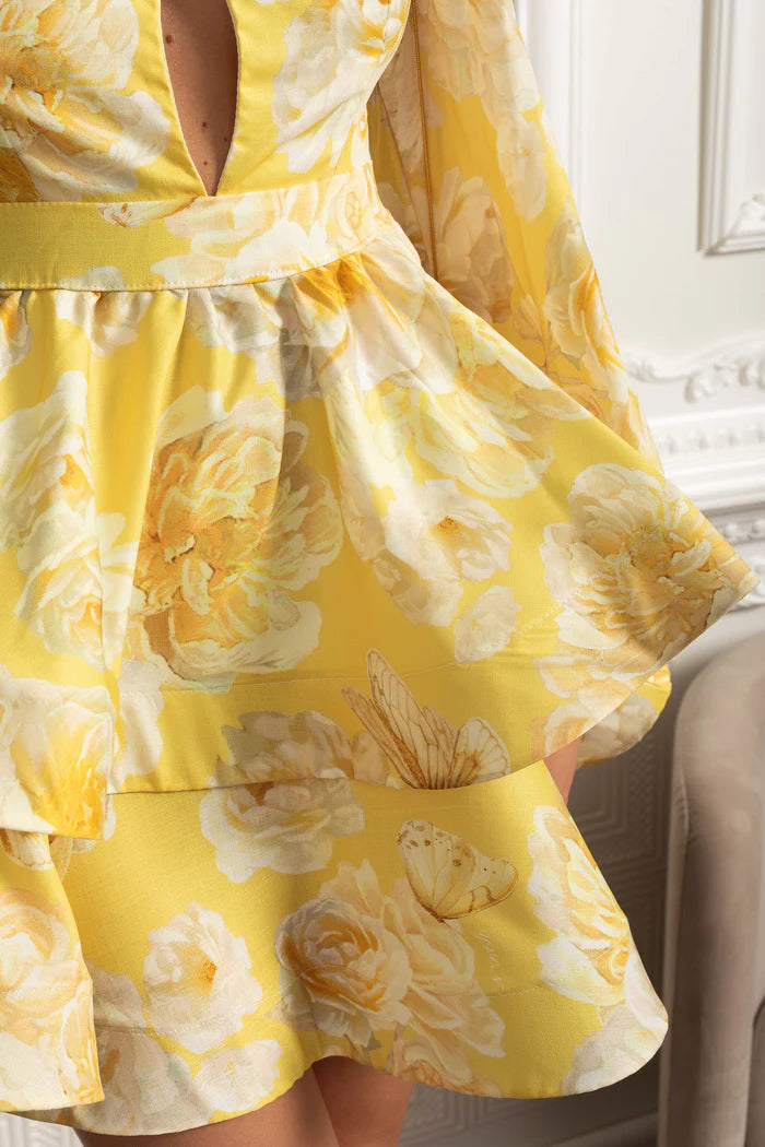 Floral Romantic Mini Dress With Voluminous Sleeves And Peplum Detail - Yellow