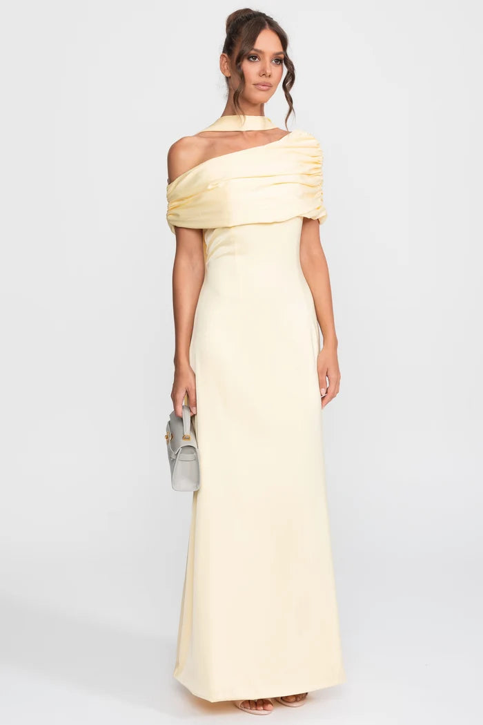 One-Shoulder Draped Satin Gown With Ruched Wrap - Yellow