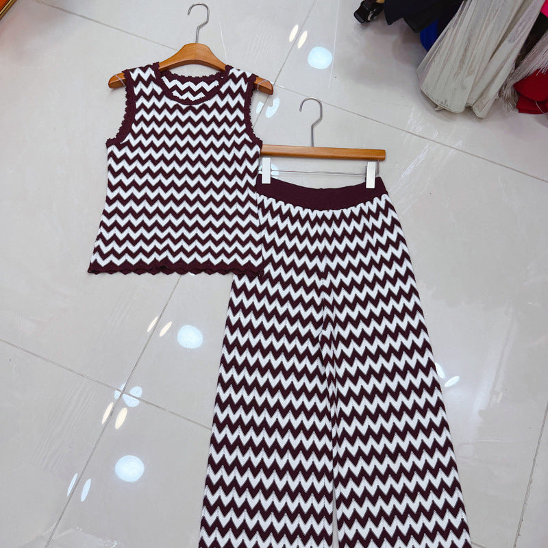 Hollow-Out Sleeveless Knitted Vest Top + High-Waisted Long Pants Set