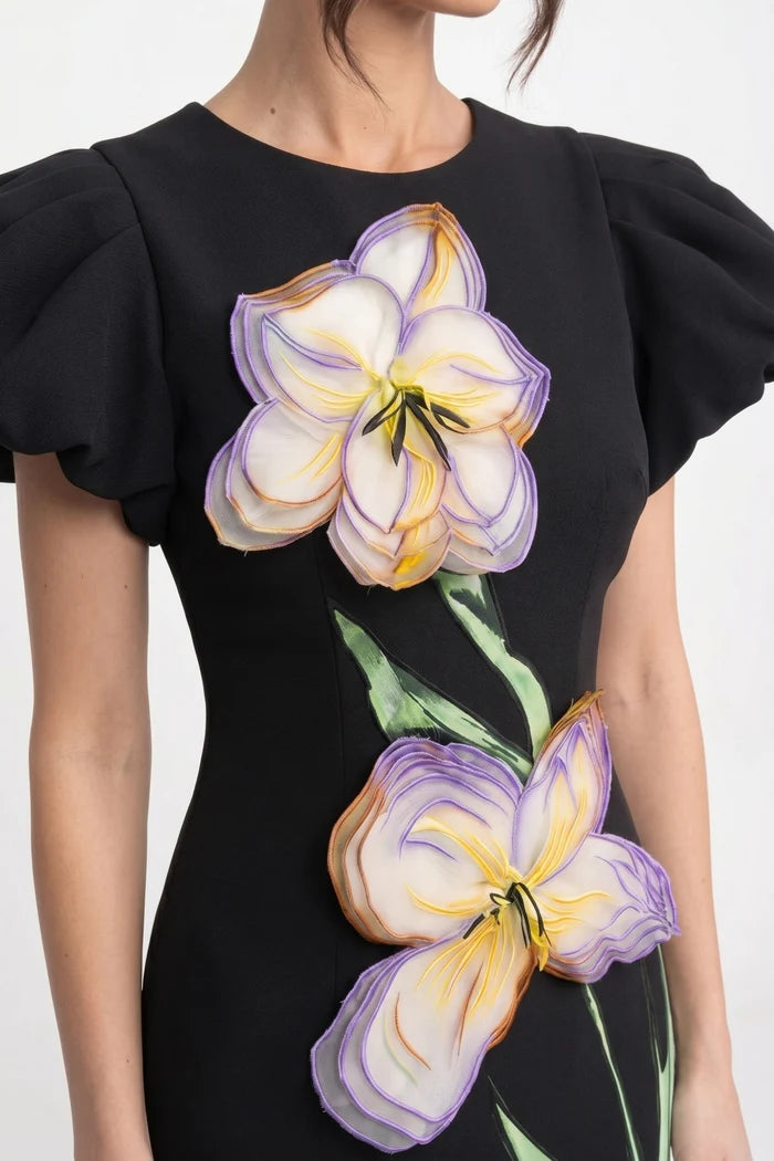 Structured Shoulder Maxi Dress With 3D Iris Floral Appliqué - Black