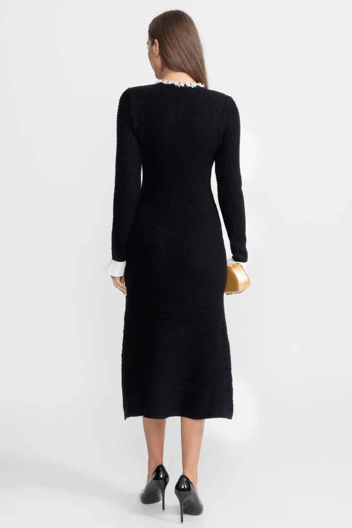 Textured Midi Dress with Contrast Embroidered Trim – Black
