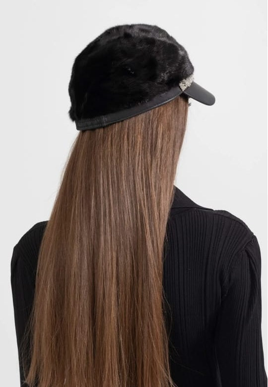 Mink Fur Hat With Leather Visor - Black