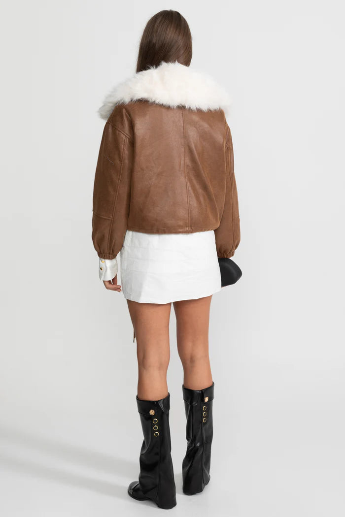 Cropped Suede Jacket With Faux Fur Collar – Brown