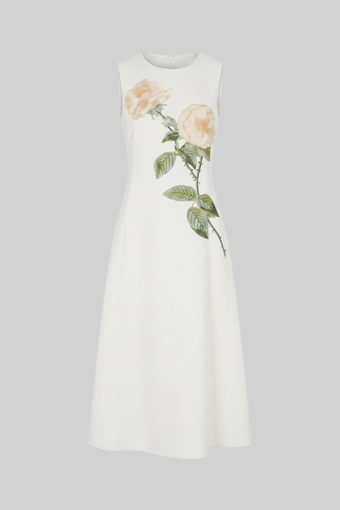 Sleeveless Midi Dress With 3D Floral Appliqué And Full Skirt - Whit