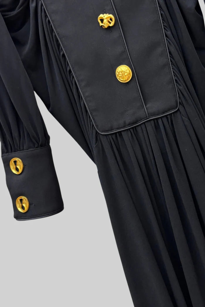 Velvet Maxi Dress with Gold Statement Buttons - Black