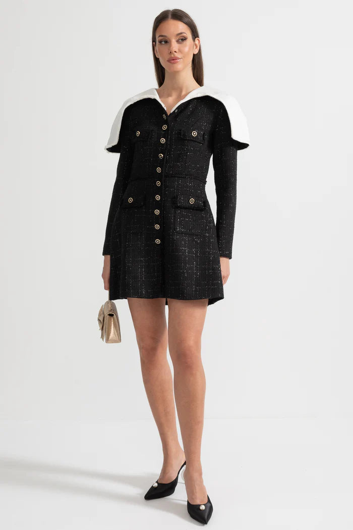 Long Sleeved Textured Tweed Dress With Distinctive Large Shoulder Flaps - Black